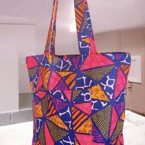 Pink and Orange Geometric Tote Bag with Double Straps
